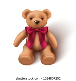 3d Realistic Baby Toy Teddy Bear With Red Velvet Bow. Isolated.