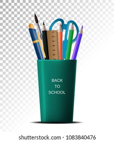 3D Realistic Back to school. School supplies in a cup on a white background transparent isolation.