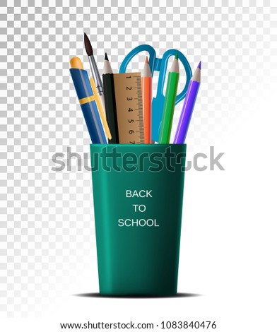 3D Realistic Back to school. School supplies in a cup on a white background transparent isolation.