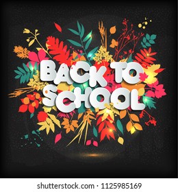 3D Realistic Back to School Title Poster Design in a Blackboard with autumn leaves. Vector Illustration.