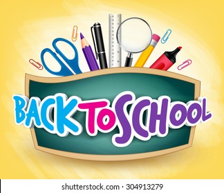 3D Realistic Back to School Title Poster Design in Blackboard and School Items in Background  Editable Vector Illustration