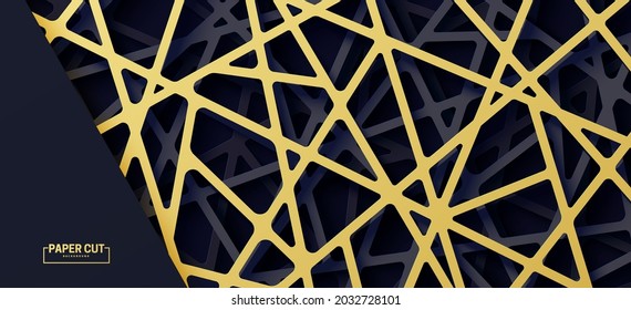Tercer telón de fondo realista con rayas de color negro y oro recortado entrelazado en la red. Resumen de fondo de lujo en estilo de corte de papel. Papel de fondo de pantalla tecnológico de origami en el arte de papel. Ilustración de tarjetas vectoriales.