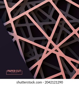3d realistic backdrop with cutout copper and black color stripes entangled web. Abstract luxury background in paper cut style. Origami technological wallpaper in papercut art. Vector card illustration