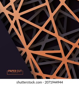 3d realistic backdrop with cutout copper and black color stripes entangled web. Abstract luxury background in paper cut style. Origami technological wallpaper in papercut art. Vector card illustration