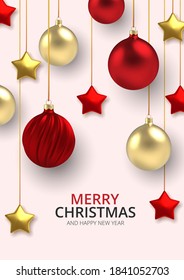 3D Realistic background Gold and red Christmas balls and stars in realistic style on white background. Vector illustration