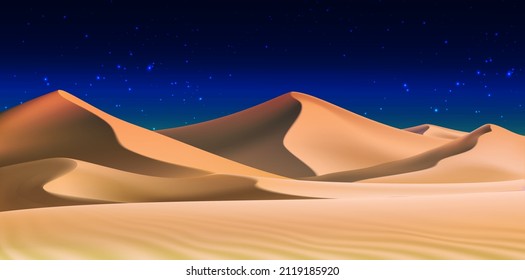 3d realistic background of sand dunes in the night. Desert landscape with dark blue sky. svg