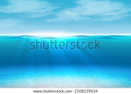 3d realistic background. Underwater ocean with sun rays. Sea side concept with wavy water surface 
