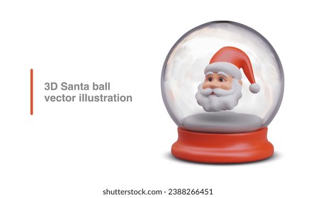 3d realistic ball with Santa Claus head inside. Present for family. Home decoration and winter gift. Vector illustration in 3d realistic style with white background