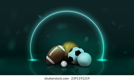 3d realistic balls for basketball, volleyball, soccer, soccer and baseball with reflection on a green background with a neon frame. A concept for sports betting.