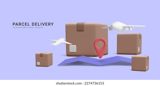 3d realistic banner for air shipping and global logistic. Concept for fast delivery service and parcel tracking. Vector illustration