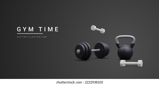 3d realistic banner with dumbbells and kettlebell isolated on black background. Vector illustration