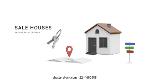 3d realistic banner with home, bunch of keys and street sign isolated on white background. Real estate agency, sale house concept. House icon in cartoon minimal style. Vector illustration