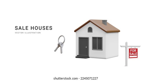 3d realistic banner with home, bunch of keys and street sign isolated on white background. Real estate agency, sale house concept. House icon in cartoon minimal style. Vector illustration