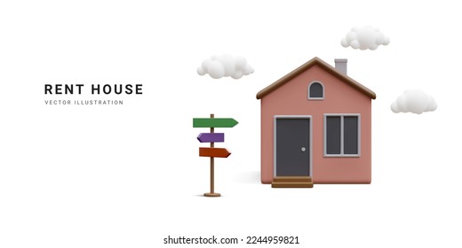 3d realistic banner with home, clouds and street sign isolated on white background. Real estate, rent agency, rent house concept. House icon in cartoon minimal style. Vector illustration