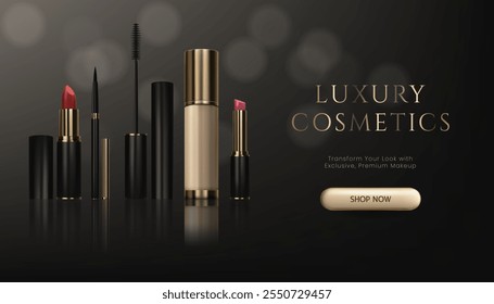 Un Anuncio realista 3D para productos de maquillaje como lápiz labial, cepillo de máscara, delineador de ojos, crema de base con reflejo, diseño elegante en tonos negros, dorados. Con bokeh. Perfecto para anuncios de cosméticos. No la IA.