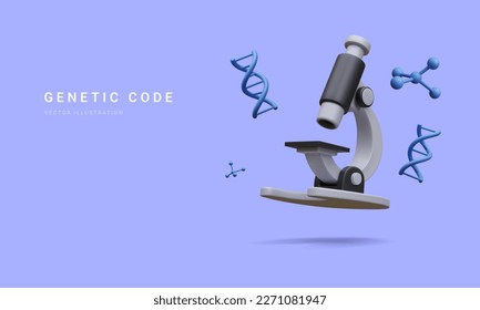 3d realistic banner with microscope, molecules and dna isolated on blue background. Medicine, biology, chemistry and science concept in cartoon style. Vector illustration