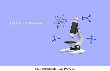 Banner 3d realista con microscopio, moléculas y átomo aislados en fondo azul. Concepto de medicina, biología, química y ciencia en el estilo de las caricaturas. Ilustración del vector