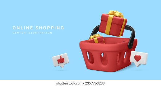 3d realistic banner with shopping basket and gift box in cartoon style on blue background. Poster or web page for online shopping. Vector illustration