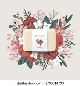 3D realistic bar soap illustration mock-up, template with paper label. Hand drawn orange fruit, leaves and flowers. Vector floral background. Hygiene, spa and herbal cosmetics product branding concept