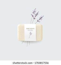 3D realistic bar soap illustration mock-up, template with paper label. Hand drawn blooming lavender herbs, flowers. Vector floral background. Hygiene, spa and herbal cosmetics product branding concept