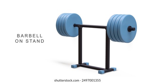 3d realistic barbell on stand on white background. Vector illustration.