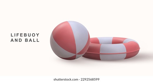 3D realistic beach ball and lifebuoy. Vector illustration.