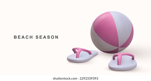 3D realistic beach ball and beach sneakers. Vector illustration.