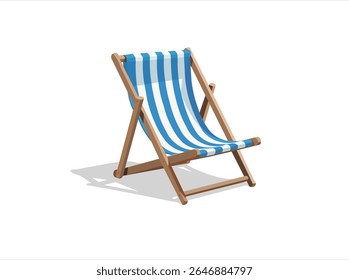 "3D Realistic Beach Chair. Blue Striped Deck Chair with Wooden Frame Isolated on White Background."