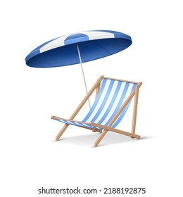 3d realistic beach sunbed with umbrella, wooden deck chair. Summertime relax armchair isolated on white background illustration. Outdoor recreation. Vector illustration