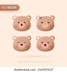 3D Realistic Bear Face Emotions Set with Various Facial Expression Vector Illustration. Cute Bear Character Design. Vector Set Of Cute Cartoon Bear Icons Isolated. Teddy Bear Icon and Logo