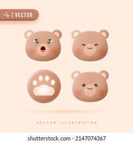 3D Realistic Bear Face Emotions Set with Various Facial Expression Vector Illustration. Cute Bear Character Design. Vector Set Of Cute Cartoon Bear Icons Isolated. Teddy Bear Icon and Logo
