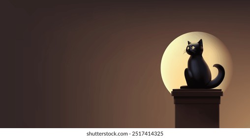 3D, gato preto bonito realista sentado em uma chaminé contra um fundo luar. Banner para web design. Imagem mística de um gato selvagem. Vetor