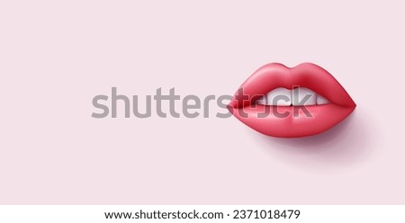 3d realistic beautiful women's lips with pink lipstick and smile isolated on pastel pink background. render vector illustration.