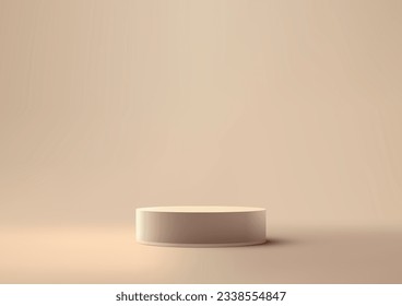 3D realistic beige color podium stand is set on a beige color floor. It is a vector illustration in minimal style interior modern concept product display mockup showroom showcase. Vector illustration