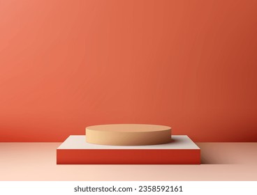 3D realistic beige cylinder empty podium on red platform is a modern minimalist mockup that can be used for a variety of purposes, such as product display, advertising. Vector illustration