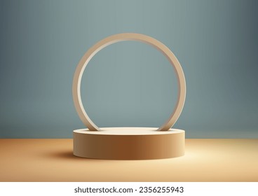 3D-realistisches Beige-Podium mit kreisförmigem Rahmen auf blauer Wand ist ein minimalistisches und modernes Design, das perfekt für die Produktdarstellung geeignet ist. Vektorgrafik