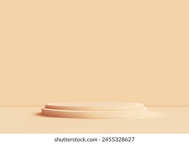 3D realistic beige podium on soft background. It's perfect for product displays, presentations, and more. Vector illustration