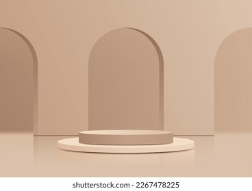 3D realistic beige podium platform stand with entrance door backdrop on minimal wall scene background. Display for spa and beauty, cosmetic product presentation showcase, mock up stage, cosmetic