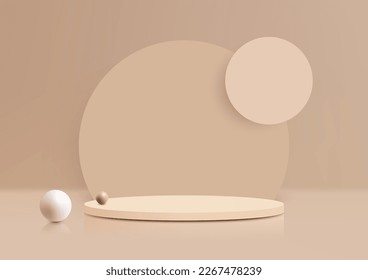 Soporte de plataforma de podio 3D realista de color beige con círculos de fondo decoración bolas de esfera blanca fondo de escena mínimo de la pared. Exposición para spa y belleza, presentación de productos cosméticos, maqueta