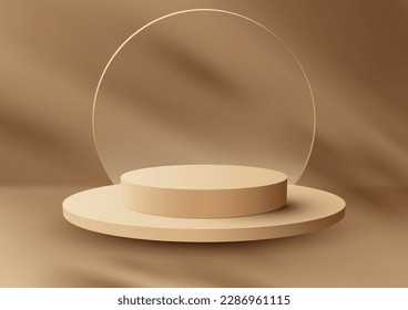 3D realistic beige podium platform stand with circle transparent glass on brown background and natural light. You can use for beauty cosmetic presentation, showcase mockup, showroom, product stand