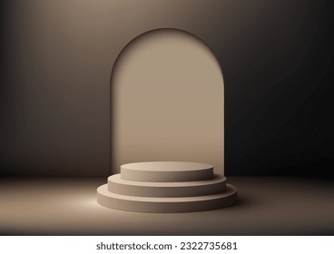 3D realistic beige podium platform stand with entrance door backdrop minimal wall scene on dark background. Display for spa and beauty, cosmetic product presentation showcase, mockup stage. Vector