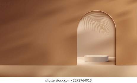 3D-realistisches Beige-Podium-Podest auf braunem Hintergrund mit Türpartie und tropischen Palmenblättern Schatten. Sie können für Produktpräsentationen, Muster für kosmetische Displays, Präsentationen usw. verwenden