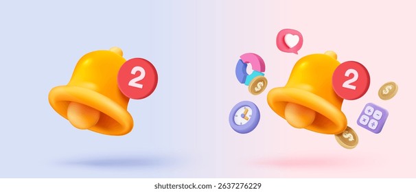 3D realistic bell notice buttons icon signs with push bubble speech. new alert reminder for schedule on social media element. 3d bell glossy announcement icon for message vector render illustration