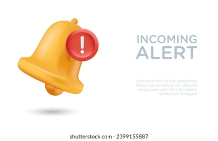 3D realistic bell notification vector illustration. Incoming alert notification icon.