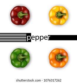 3d realistic bell pepper set top view. Red, yellow, green, orange. Vector illustration.