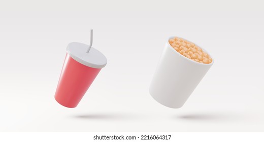 3d realistic beverages and snacks on a grey  background. Vector illustration.