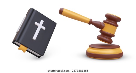 3d realistic Bible with bookmark and wooden judges gavel. Justice and law. Legal law, equity and truth. Vector illustration in 3d style with place for text