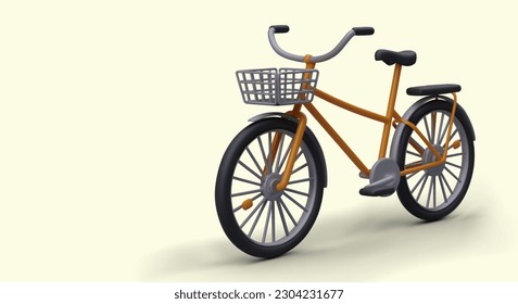 3d realistic bicycle on warm background. Advertising poster with place for text, sale of bicycles and transport. Colorful vector illustration in orange and gray colors