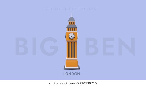 3d realistic Big Ben. Web poster for travel company. Advertising poster, landing page for travel Europe, London tour concept. Vector illustration with blue background