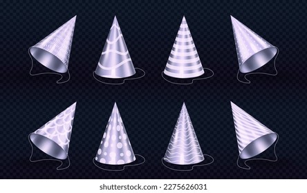 3d realistic birthday celebration party cone hat mockup. Isolated silver white paper holiday cap set with stripes to wear on carnival. Entertainment costume element clipart front and angle view.